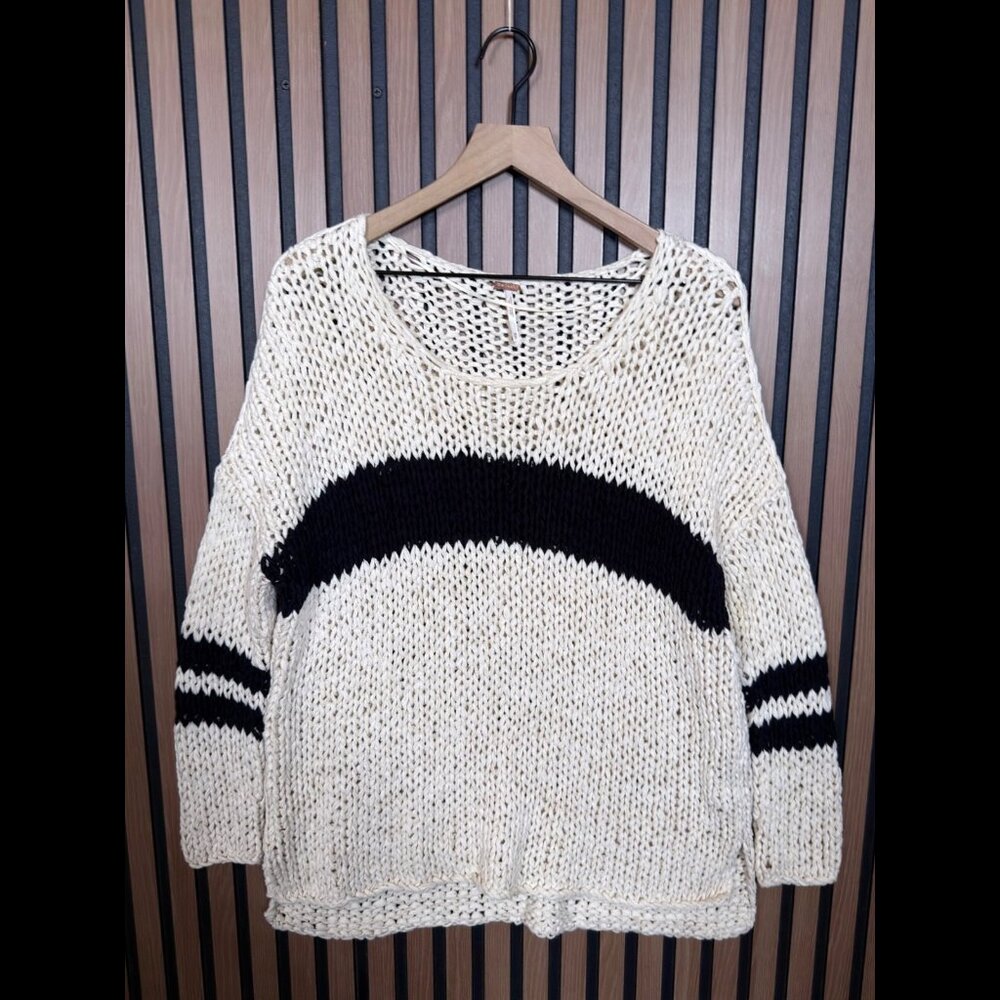 Free People Sweater XS Womens White Black Open Knit Pullover Crewneck